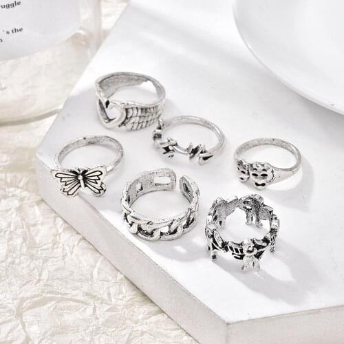 2021 New Vintage Silver Plated Angel Wings Ring for Womens Gothic Punk Steampunk Heart Butterfly Skull Ring Sets Party Jewelry