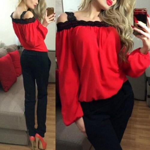 New Fashion Women Long Puff Sleeve Cold Shoulder Lace Patchwork Neck Loose Chiffon Lady Sexy Top Shirt