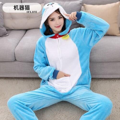 Adults Pajamas Women Men Flannel Sleepwear Unisex Kigurumi Doraemon Cartoon Animal Pajama Sets Pijamas Hooded Pyjamas Sleepwear