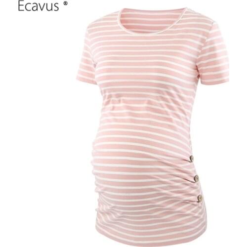 Maternity Shirt Side Button and Ruched Striped Pregnancy Tunic Top Mama Maternity Clothes Round Neck Short Sleeve Casual T-Shirt