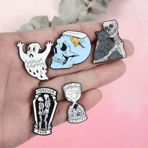 Skeleton Forever ! Black White Brooches Lapel Hat Punk Quote Pins for jackets Halloween Enamel pin Dark Punk Jewelry