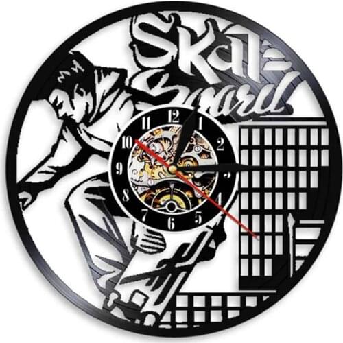 Skateboard Extreme Sport High-rise Vinyl Record Wall Clock Skate Boy LED Light Living Room Wall Art Modern Design Skater Gift
