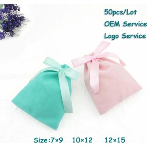 50Pcs/Lot Wedding Good Velvet Gift Bag Jewelry Protection Packing Bag Ribbon Bow Tie Bag Candy Sugar bag 7×9 9×12 12×15