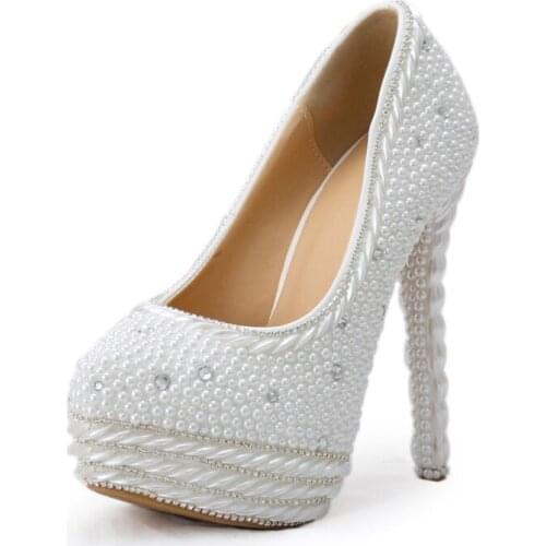 Gorgeous Vogue White High Heels Pearl Wedding Shoes Handmade Round Toe Bridal Dress Shoes Women Party Prom Shoes Platform Pumps