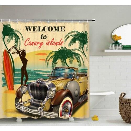 Funny Retro Vintage Car Shower Curtains Waterproof Bathroom Curtain Cool Old Newspaper Bath Curtain High Quality Shower Curtain