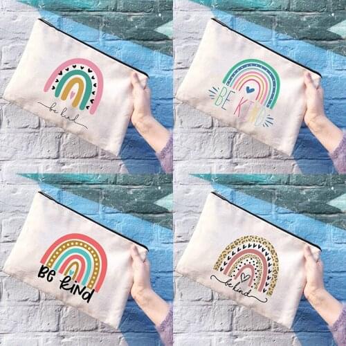 Be Kind Rainbow Print Ladies Cosmetic Bags Travel Makeup Case Wash Storage Pouch Female Toiletries Tampon Organizer Large Purse