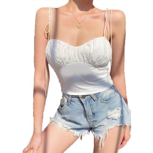 Womens Summer Sexy V Neck Sleeveless Camisole White Strappy Ruched Crop Tank Tops Suitable Beach Date Party