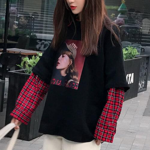 Deeptown Harajuku Hoodie Women Plaid Patchwork Sweatshirt Korean Style 2021 Polo Print Splice Hoody Vintage Long Sleeve 90s Top