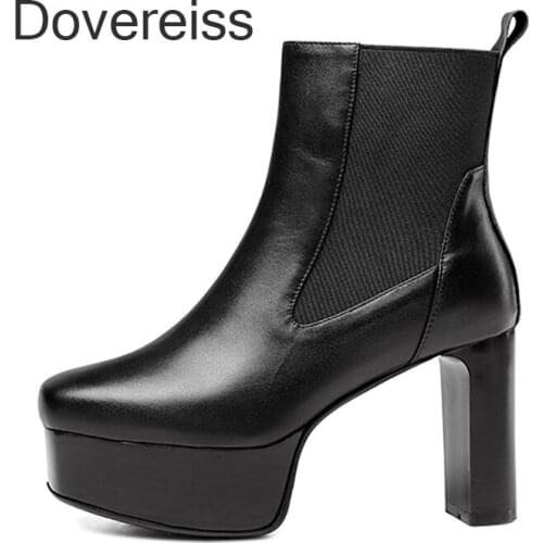 Dovereiss Fashion Womens Shoes Winter Goth Platform Zipper Red Beige Pure Color Genuine Leather Ankle Boots Block Heels New 40