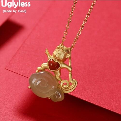 Uglyless Like a Mouses Monkey Pendants Necklaces for Women 925 Silver Animals Necklaces Natural Jade Clouds Agate Heart Jewelry