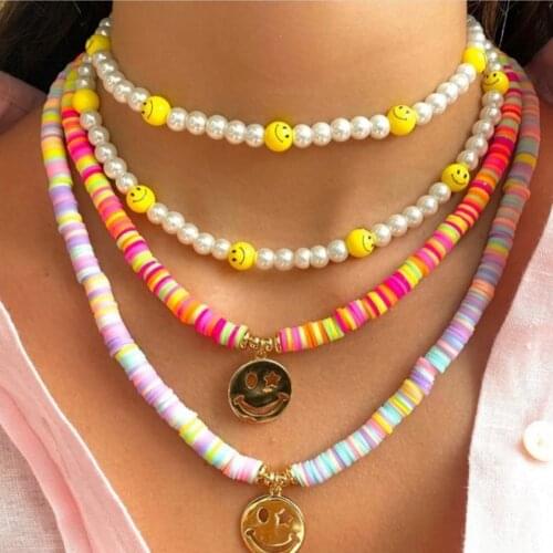 Handmade Candy Colorful Smiley Beaded Necklace For Women Polymer Clay Bead Necklaces Imitation Pearl Choker Sweet Summer Jewelry