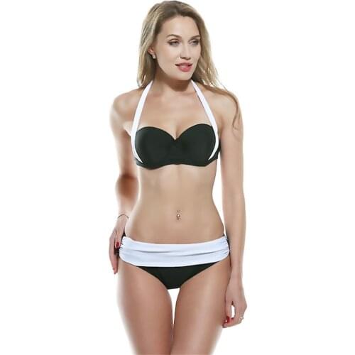 Womens Sexy Stretch Solid Color Stitching Quick-Drying Swimsuit Low-Cut High-Waist Sling Lightweight Adjustable Strap Bikini