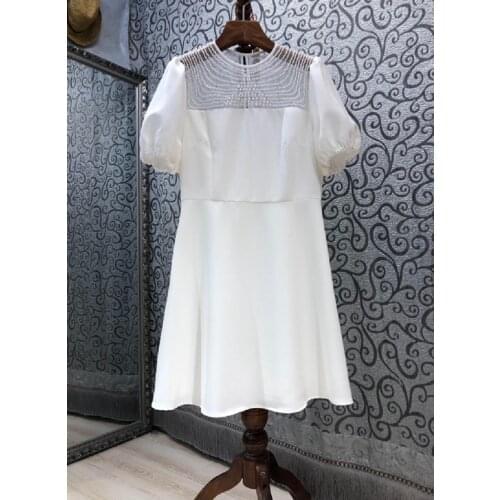 Elegant Party 2021 Autumn Dress Women Sexy Tulle Mesh Beading Deco Short Sleeve Large Swing White Black Work Dress Vestidos