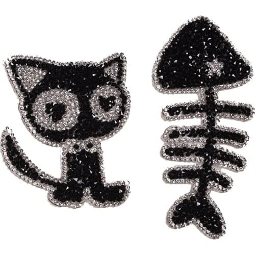 1pcs Sparkling Rhinestone Cartoon Cat Fish Bone Clothes Patches Fashion Sequined DIY Appliques Bling Iron-on Patches