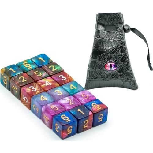 18Pcs/Set D6 Galaxy Nebula Dice with Dragon Eye Black Big Leather Bag for Role Playing Board Game DND RPG MTG and Gift Dice