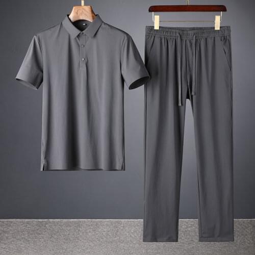 2021 summer high end pressed plastic suit cool silk business Lapel short sleeve two piece leisure sports suit for men