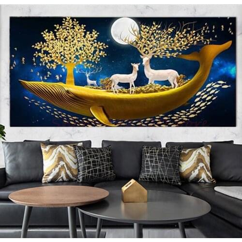 Abstract Art 5D Diamond Painting Animal Whale Deer Golden Leaves Diy Handmade Cross Stitch Mosaic Embroidery Full Drill Decor