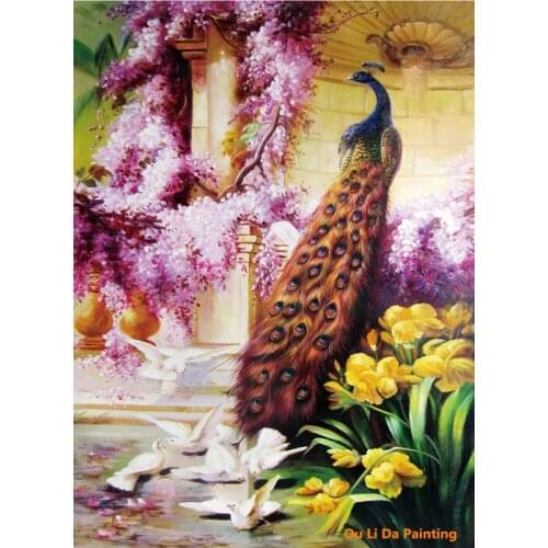Free shipping classical female peacock pigeons flower landscape oil painting canvas painting prints on canvas decoration picture