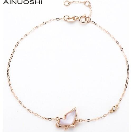 AINUOSHI 18K Rose Gold Natural Diamond White Mother Of Pearl Butterfly Charm Bracelet for Women Trendy Jewelry Gift 7.1-7.4