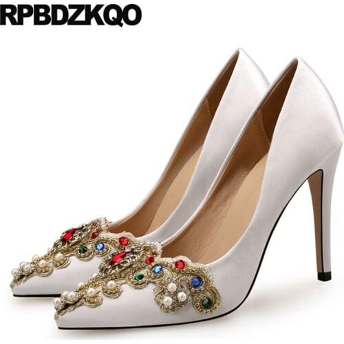 Ivory shoes wedding satin exotic dancer ladies pumps 12 44 8cm diamond high heels big size evening stiletto pointed toe 10 42