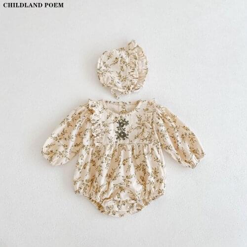Baby Girls Clothes Newborn Baby Romper Jumpsuit With Hat Autumn Spring Floral Princess Baby Girl Romper Long Sleeve Baby Outfits