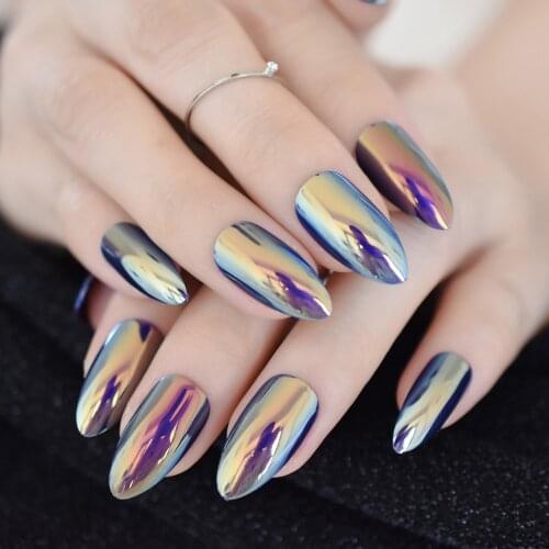 Quality Unicorn Chrome Fake Nails Gorgeous Yellow Blue Mirror Stiletto Full Cover Nail False with Adhesive Glue Sticker 24 Ct