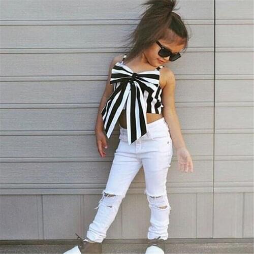 Girls Suit Ins Fashionable Suspender Pants 2-piece Set Striped Big Bow Top Ripped Pants Childrens Suit Fashion Girl