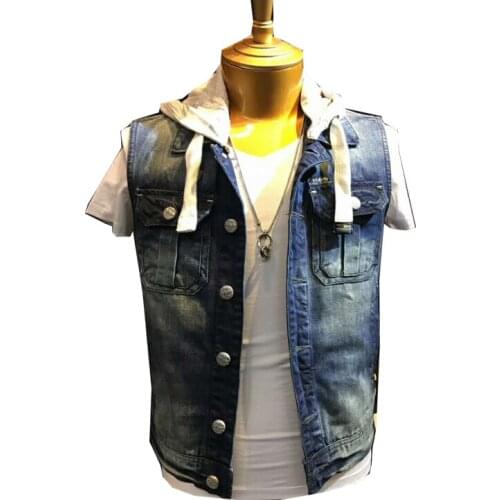 Mens denim jeans vest men 2019 spring and autumn vests slim sleeveless jacket tops with a hood man jackets coat