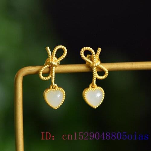 Jade Heart Ear Studs Jewelry Fashion Chalcedony Gifts White Women Crystal 925 Silver Amulet Gemstone Earring Zircon Natural