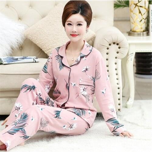 Plus size pajamas mom cotton nightgown autumn new printed long-sleeved cardigan elegant home service gift sleepwear пижама