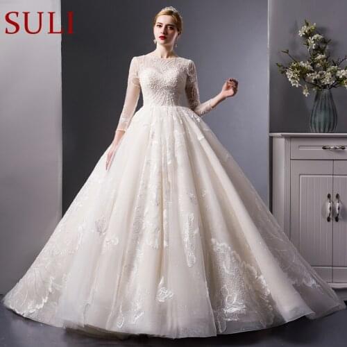 SL-6104 Luxury Embroidery Lace three quarter sleeves ball gown wedding dress bridal wedding gowns royal train