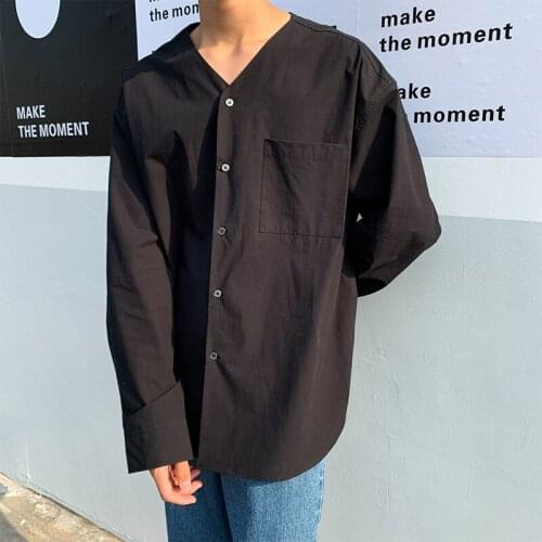 Men Long Sleeve V-neck Loose Casual Black White Shirt Male Japan Style Vintage Streetwear Hip Hop Fashion Dress Shirt