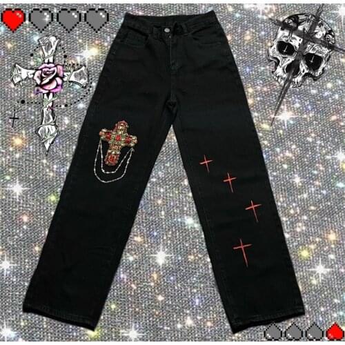 Ruibbit Japanese Hot Girl Harajuku Vintage Black Gothic Rock Diamond Cross Pants High Waist Slim Punk Streetwear Y2K