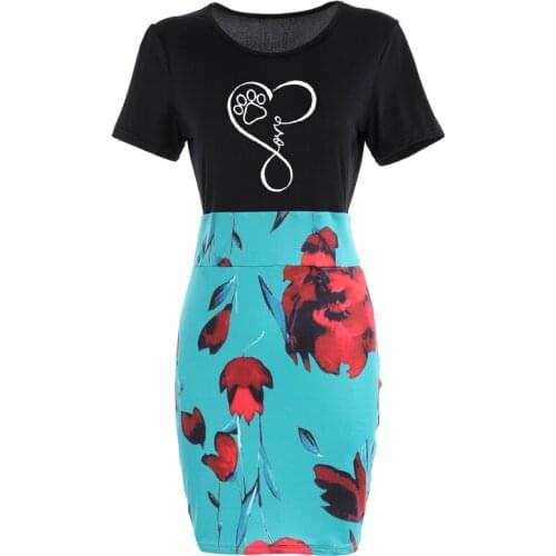 Cute Dog Paw Unique Classical Letter Font Love Printed Short Sleeve Dresses Round Neck Women Funny Nature Package Hip Dress