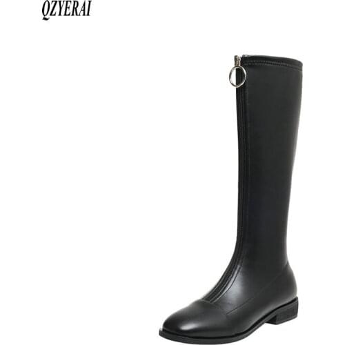 Knee high boots Genuine leather Women boots Warm in winter Front zipper Motorcycle boots Knight boots snow boots Women shoes