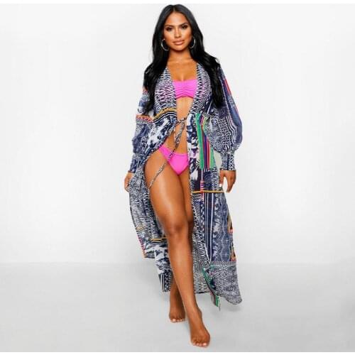 Print Chiffon Beach Cover up Tunics for Beach Long Kaftan Bikini Cover up Robe de Plage Sarong Beach Swimsuit coverup #Q981