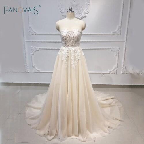 Champagne Wedding Dresses 2020 Long Princess A Line Wedding Gowns gelinlik Bride Dress Long robe mariage Strapless Bridal Gown