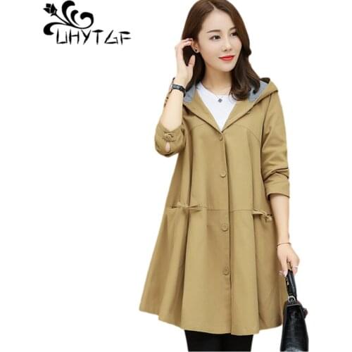 UHYTGF Spring Autumn Trench Coat For Women Loose Windbreaker Female Hooded Casual Outerwear Ladies 3XL Plus Size Overcoats 746