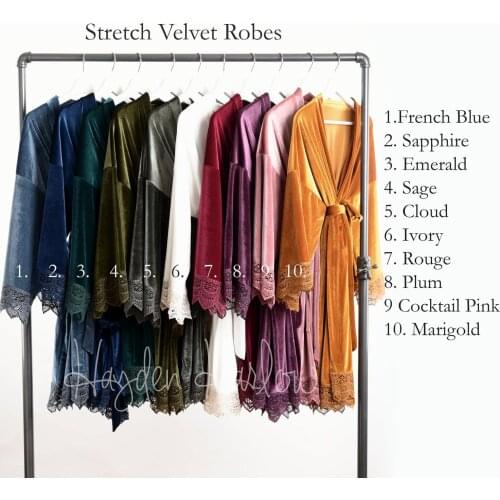 Velvet Robe Wedding Bathrobe For Women Bride Bridesmaid Kimono Robes Bath Robes Luxurious Stretch Velvet Robe With Lace