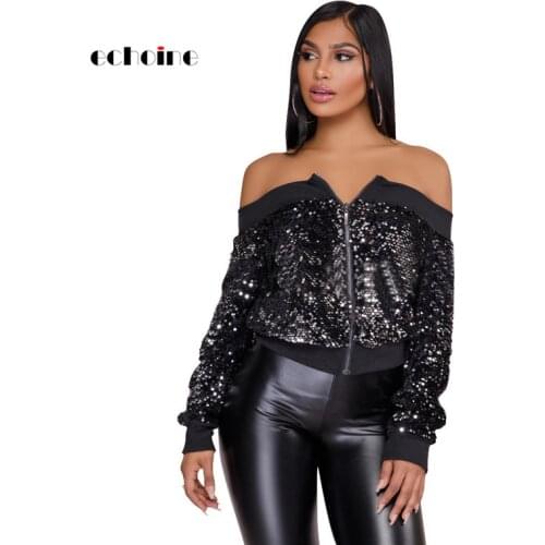 Echoine Women Sexy Coats Sequin Spliced Slash Neck Zipper Off Shoulder Jacket Long Sleeve Female Outfits Fashion Ladies Outwear