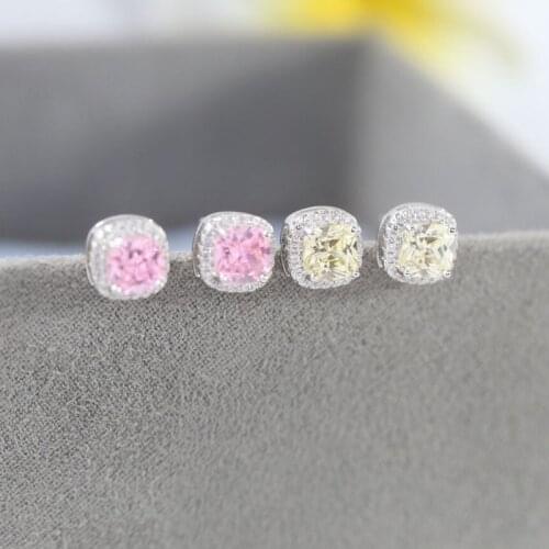 SLJELY Fashion Solid 925 Sterling Silver White Pink Yellow Red Square Zircon Stud Earrings Designer Wedding Party Women Jewelry
