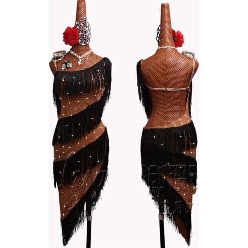 Shiny Latin Dance Dress Women Competition Costumes Sexy Elastic Mesh Skin Color Perspective Latin Dance Fringed Skirt