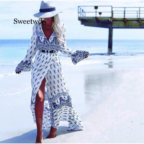 Bohemian printing beach dress long sleeve hippie chic long maxi holiday dress 3XL bandage dresses plus size vacation vestidos
