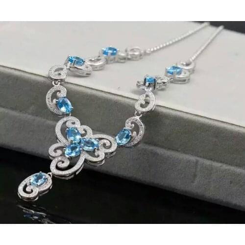 Natural blue topaz Necklace natural gemstone Pendant Necklace S925 Sterling silver trendy luxurious Clouds women party Jewelry