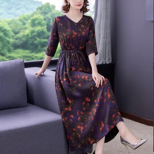 2021 Women Bodycon Elegant Vestidos Spring Vintage Floral Mulberry Silk Casual Maxi Dress Autum Korean Fashion Beach Midi Dress