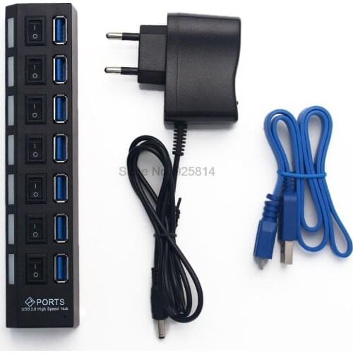 200pcs,7 Ports USB 3.0 HUB SuperSpeed Splitter + On/Off Per-Port Switch + Power Adapter Cable For PC Desktop Laptop Notebook