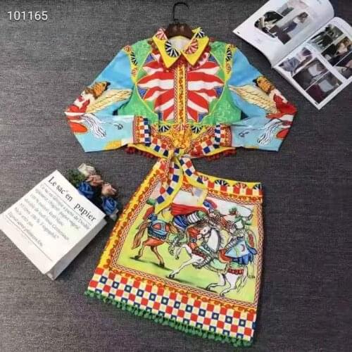 2021 Autumn Sicily Style Set Women Fashion Design Warrior Plaid Printed Runway Short Shirt+Mini Skirt Suit