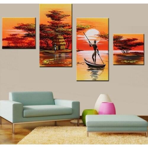 African Women Painting Hand Painted Abstract African Landscape Painting Set 4 Panel Wall Art Artwork Acrylic Canvas Pictures