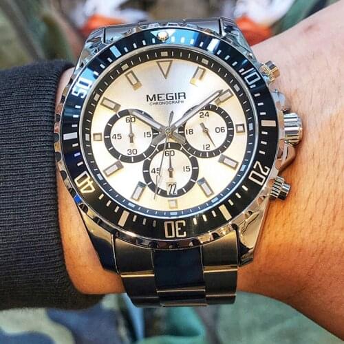 MEGIR Business Quartz Wristwatches Men Stainless Steel Strap Fashion Mens Watches Top Brand Stop Watch Clock Relogio Masculino