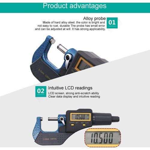 Digital Gauge Measuring Micrometer 0-25mm 0.001mm Metric/Inch Electronic Outside Micrometer Carbide Tip Measure Tools